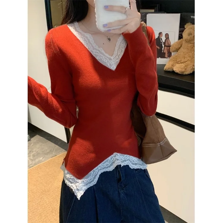 Pure Desire Temperament Кружевная строчка Свитер с v-образным вырезом и длинными рукавами