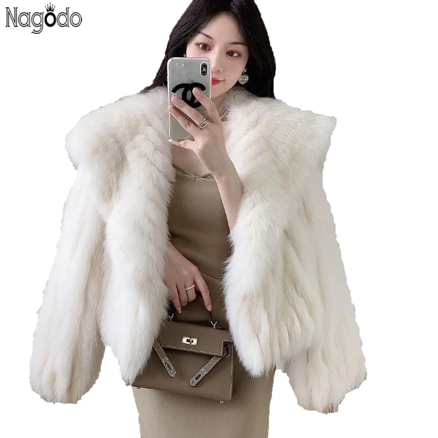 Nagodo  Real Fox Fur Coat Clothes Women 2023 New Autumn Winter Fashion Big Fur Collar White Thicken Warm Coats Abrigo Mujer