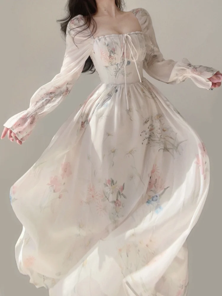 

Женское шифоновое платье средней длины, Элегантное повседневное платье во французском стиле с цветочным принтом, квадратным вырезом и длинным рукавом, 2023