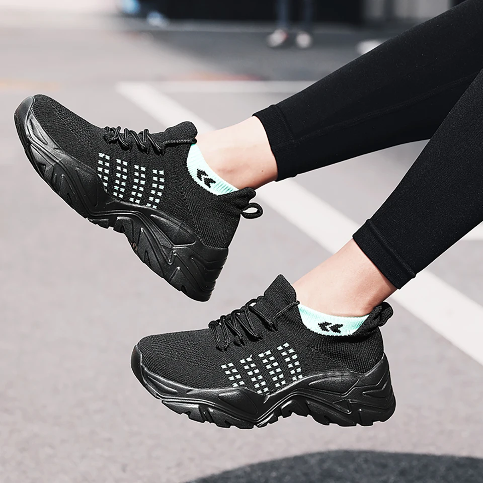 Loekeah Knitting Clunky Sneaker Breathable Ladies Casual Shoes Increased Walking Shoes Couple Fashion Lace-Up Platform Footwear