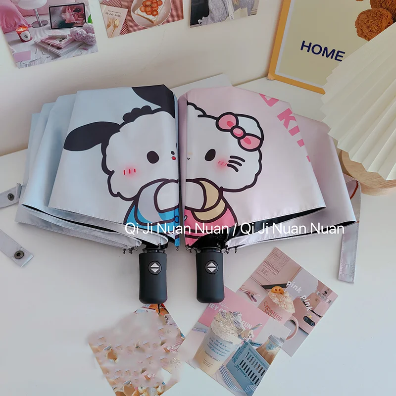 

Kawaii Hello Kitty Pochacco Gradient Automatic Umbrella Cartoon Anime Animal Windproof Black Coating Anti Uv Parasol Girls Gifts
