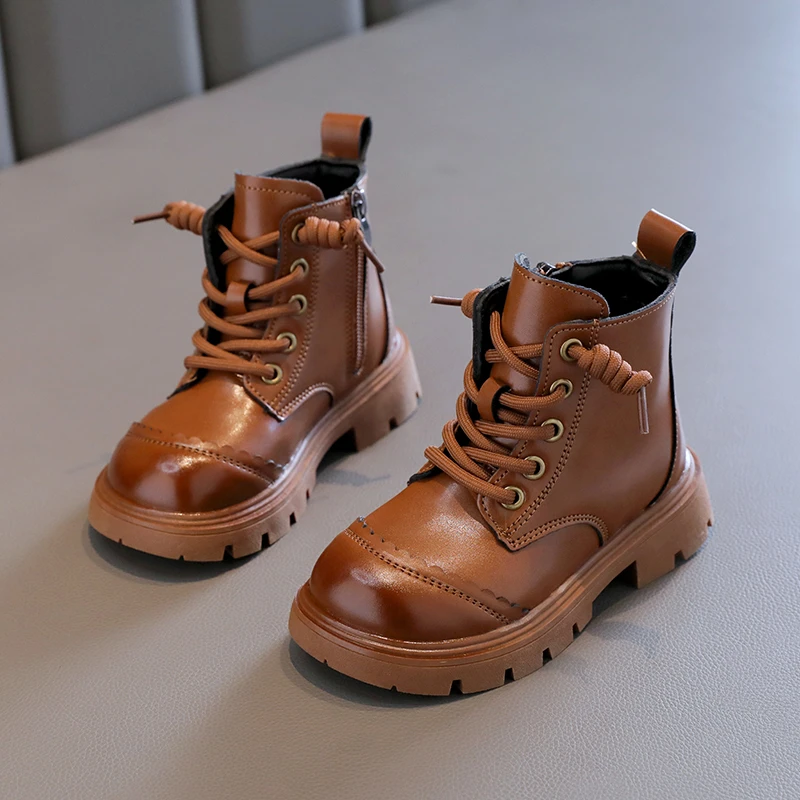 

Fashion Kids Britain Style Lace Cute Side Zipper Casual Shoes 2023 New Simple Non-slip Children Short Boots Round-toe PU
