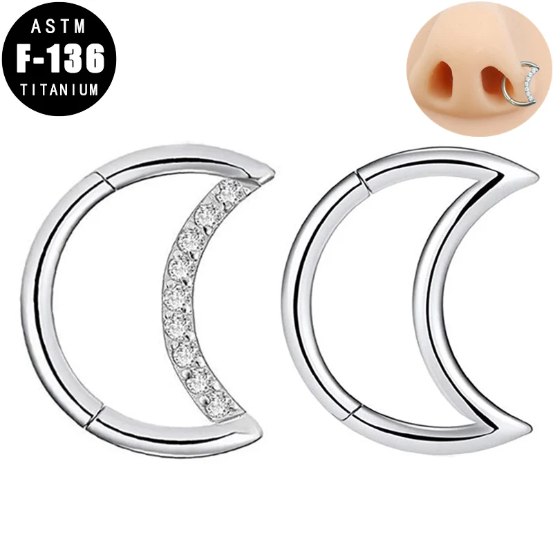 

ASTM F136 Titanium Nose Ring Septum Cliker Moon Zircon Hinged Segment Helix Tragus Earring Ear Piercing Nose Studs Jewelry
