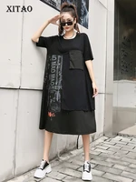 xitao print solid dress women korea 2022 summer new arrival personality fashion loose o neck short sleeve casual dress wmd6227