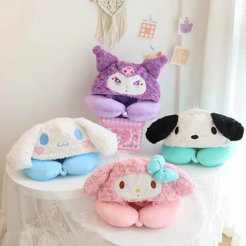 

Kawaii Sanrio U-shaped Pillow Cartoon Aircraft Travel Portable Hooded Pillow Anime Kuromi Melody Cinnamoroll Office Nap Pillow