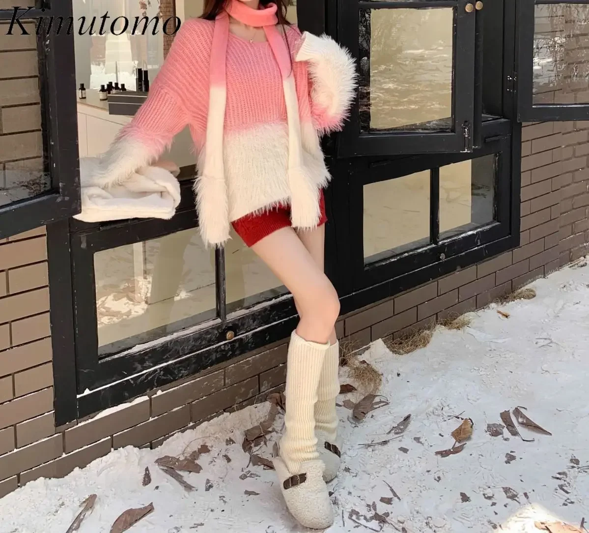 Kimutomo градиентный цвет большой свитер женский с v-образным вырезом из норки
