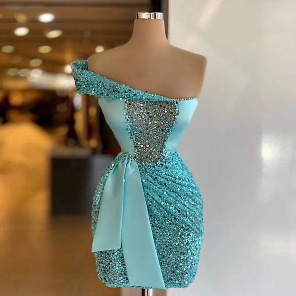 

Custom Prom Gowns Sequins robes de bal Short Sky Blue Prom Dresses Off Shoulder Chic Fahsion vestidos elegantes para mujer