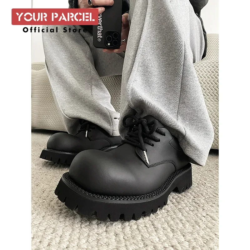 Мужские кожаные туфли с большой головкой в темном стиле увеличивающие рост Микки