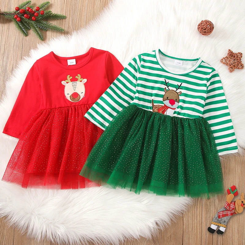 

Christmas Style Baby Girl Party Dress Long Sleeved Cartoon Deer Mesh Splicing Kids Princess Dress New Year Children Clothes