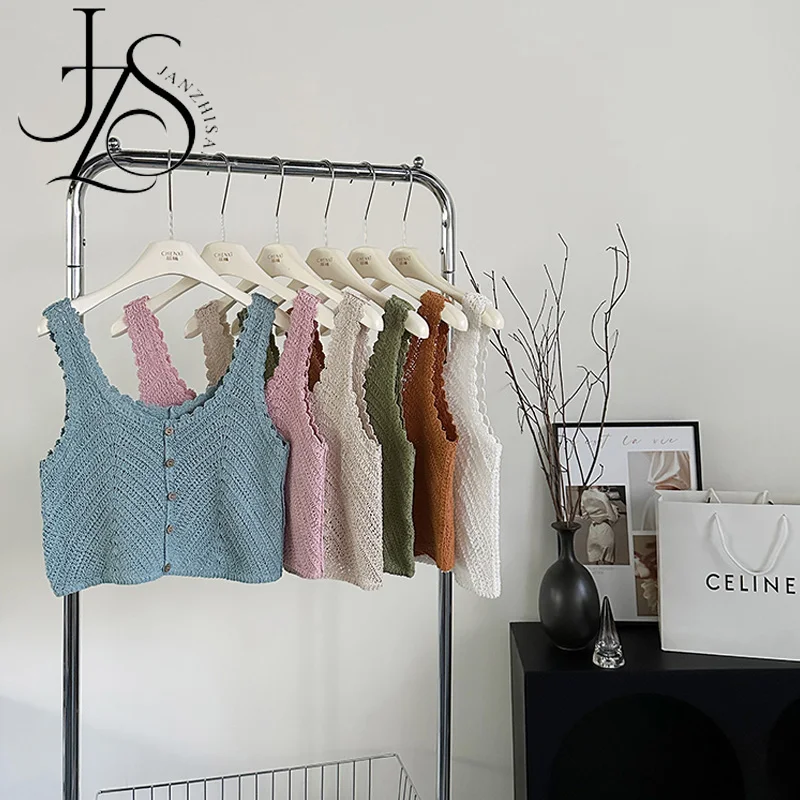 Хлопковые вязаные крючком майки JANZHISAN летние повседневные выходные топы без