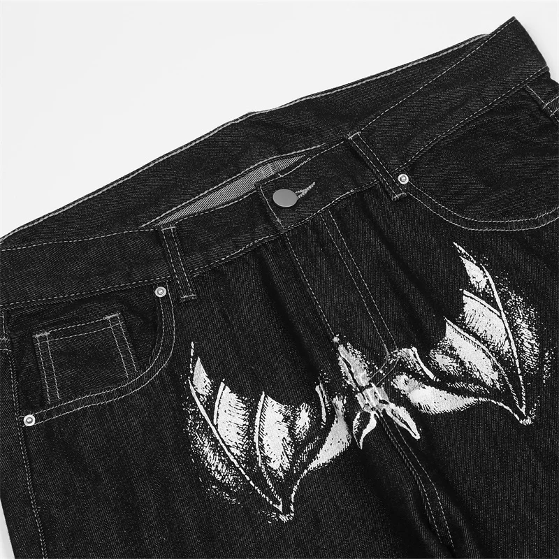 2022 Gothic Jeans Men Hip Hop Streetwear Bat Mask Printed Punk Denim Pants Fashion Casual Baggy Pants Straight Trousers Black
