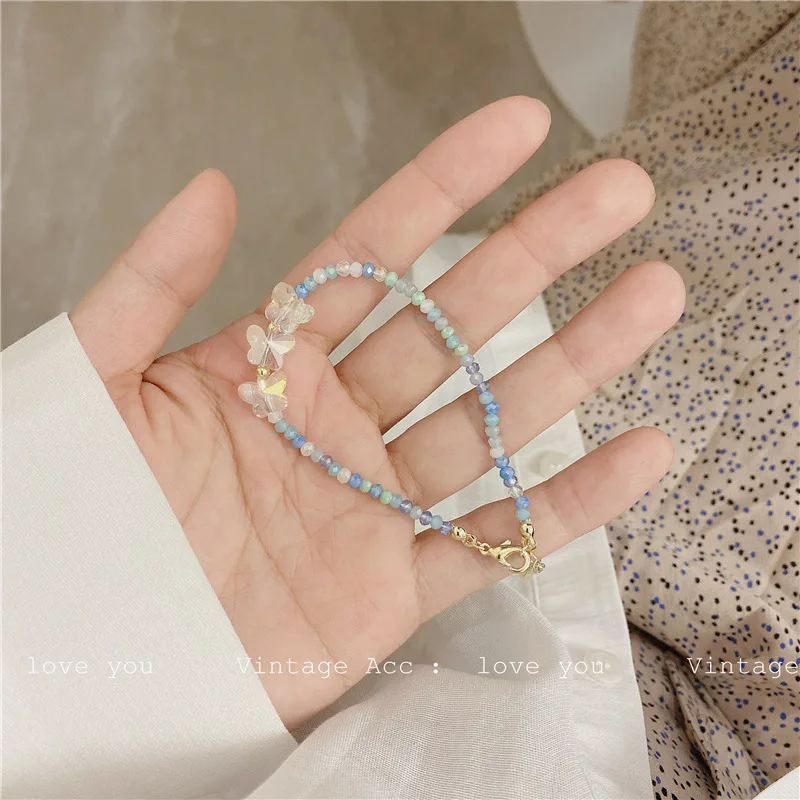 AOMU Spring Korea Retro Blue Transparent Resin Beaded Elastic Bracelet Irregular Geometric Love Lock for Women Jewelry | Украшения и