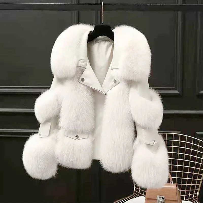 2022 New Women's Fox Fur Coat Fashion High Quality Beautiful PU Leather Zipper Jacket Thicken Warm Overcoat For Winter S To 3XL