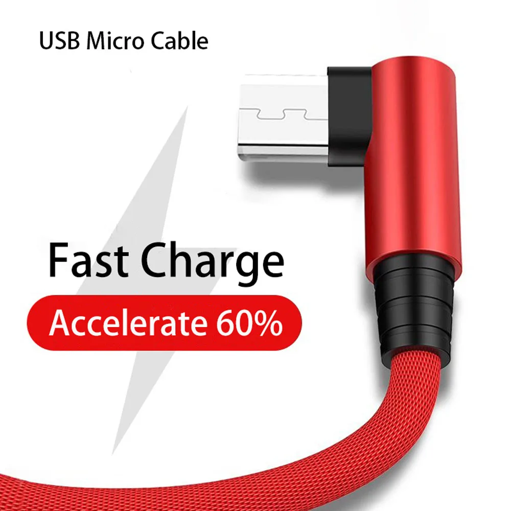 Угловой USB-кабель Micro 3A для передачи данных и зарядки для мобильных телефонов Samsung и Xiaomi с быстрой зарядкой и USB-разъемом.