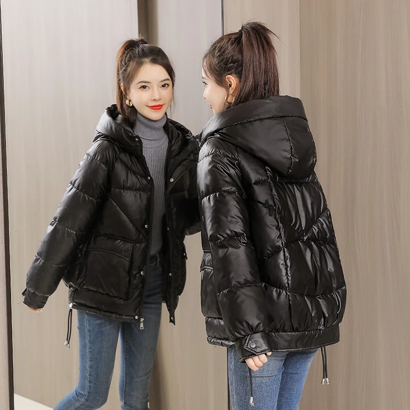 

2022 Winter New Women Hooded Padded Jacket Design Sense Large Pockets Wash-free Glossy Down Jacket Plus Fleece Warm Black Coats