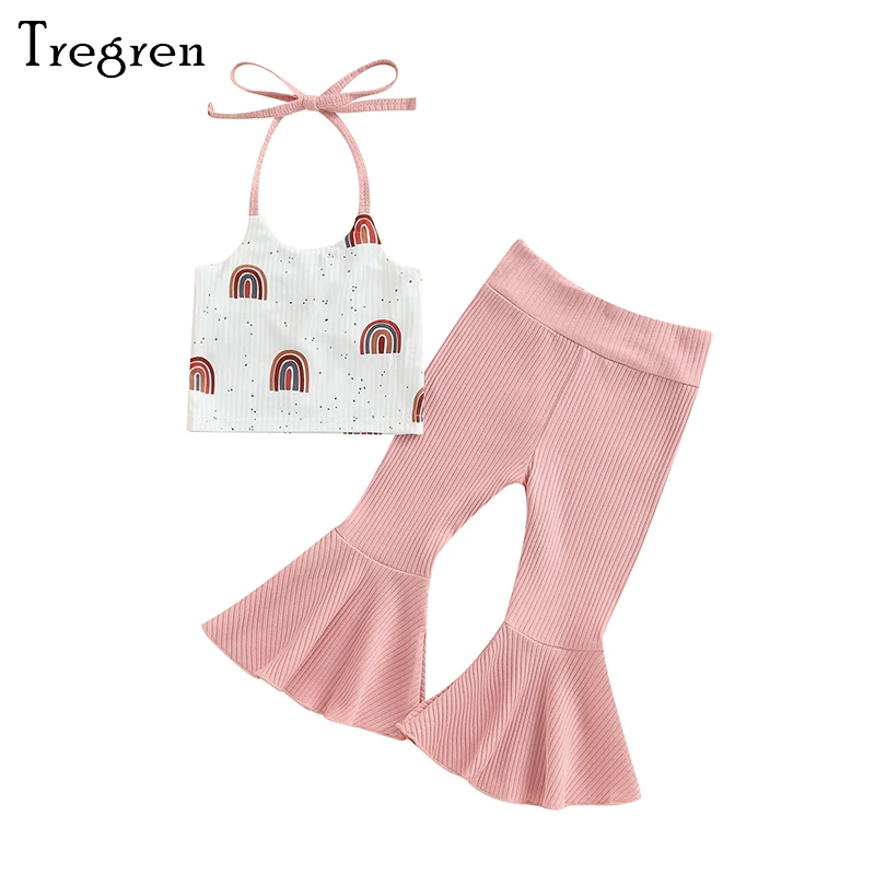 

Tregren Toddler Baby Girls Summer Outfits Rainbow Print Tie-Up Halter Neck Sleeveless Tank Tops Flare Pants 2Pcs Clothes Set