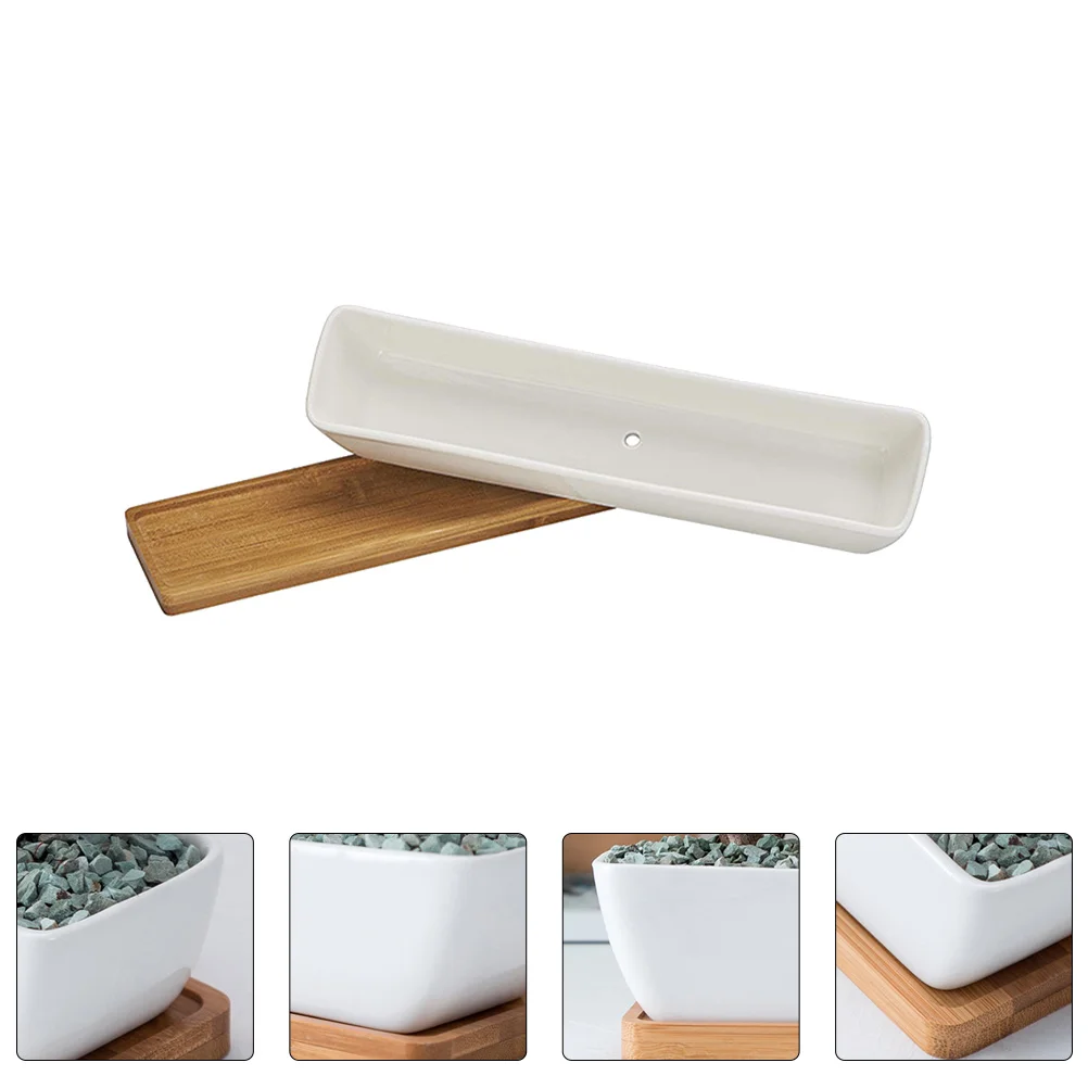 

Rectangular Flowerpot Garden Ceramic Planter with Bamboo Saucer Desk Decor