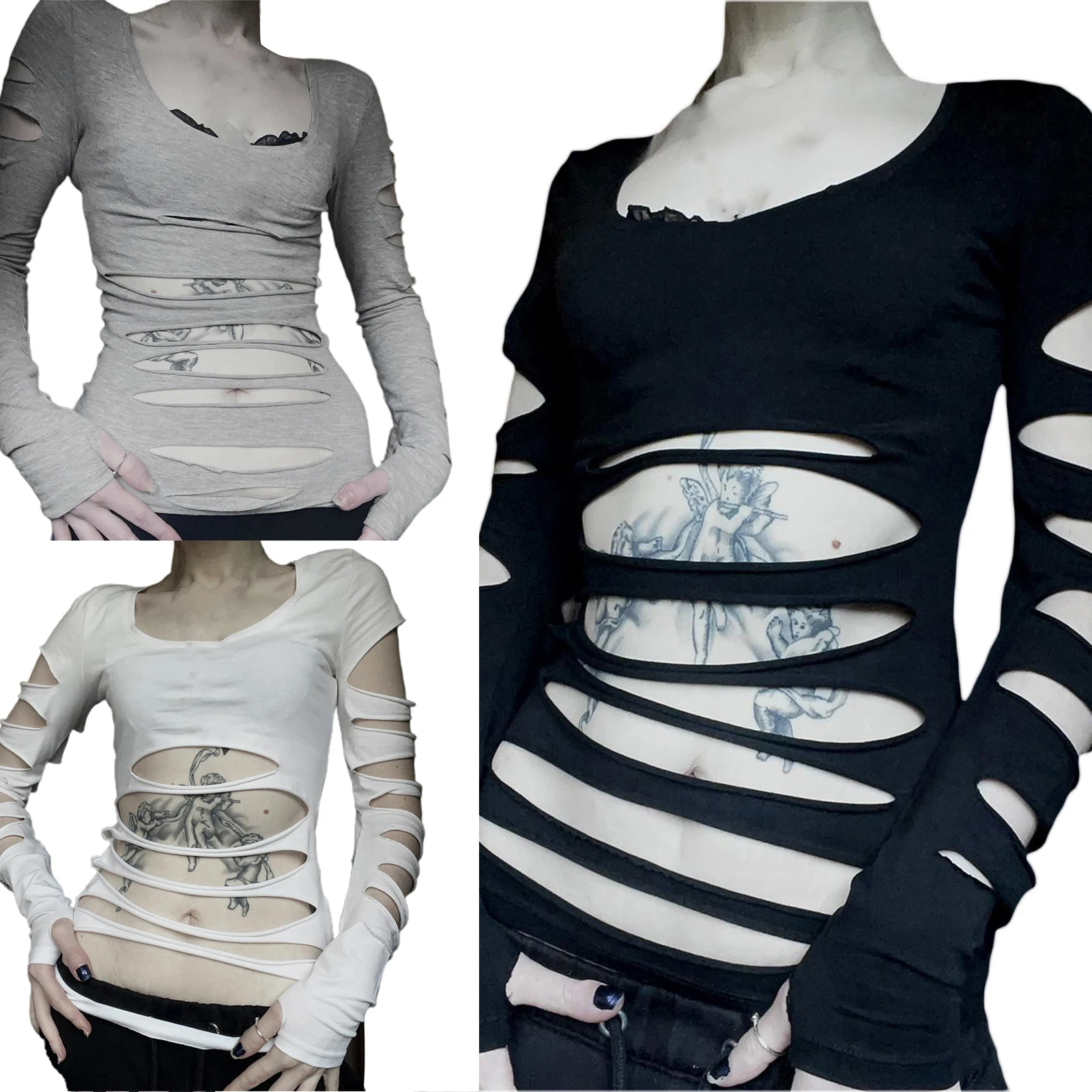 

Women Fashion U Neck Long Sleeve Tops Fall Spring Grunge Punk Sexy Hollow Out Loose Tops Streetwear