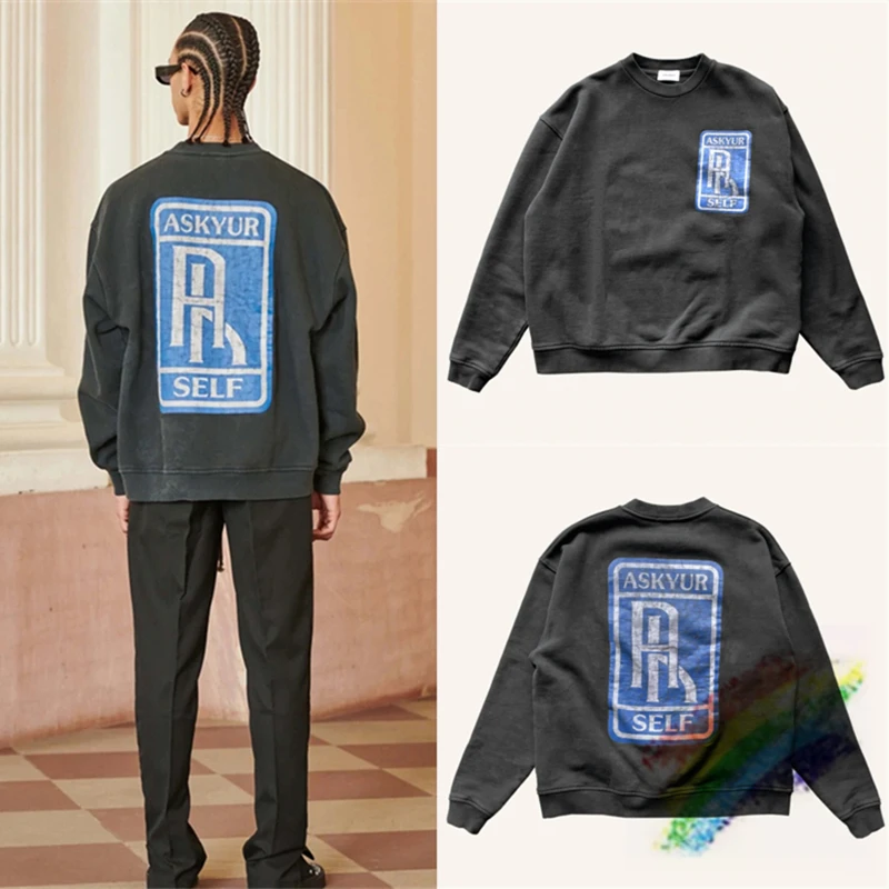 

Tear Print Askyurself Sweatshirts Men Women 1:1 Best Quality Washed ASKYURSELF R Letter Logo Pullover Oversized Crewneck