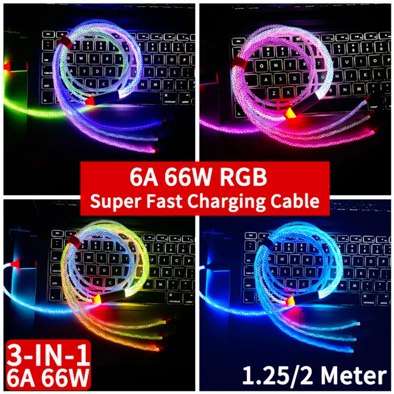 

3 in 1 66W Super Fast Charging Cable USB-Type-C/Micro USB RGB Flow Cool Colorful Glow Car Data Line For iPhone ios Android