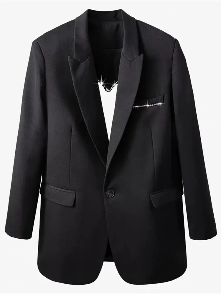 Fashion Runway Open Back Heart Diamonds Blazer Coat Women Sexy Chic Notched Suit Single Button Black Jacket Loose Outerwear