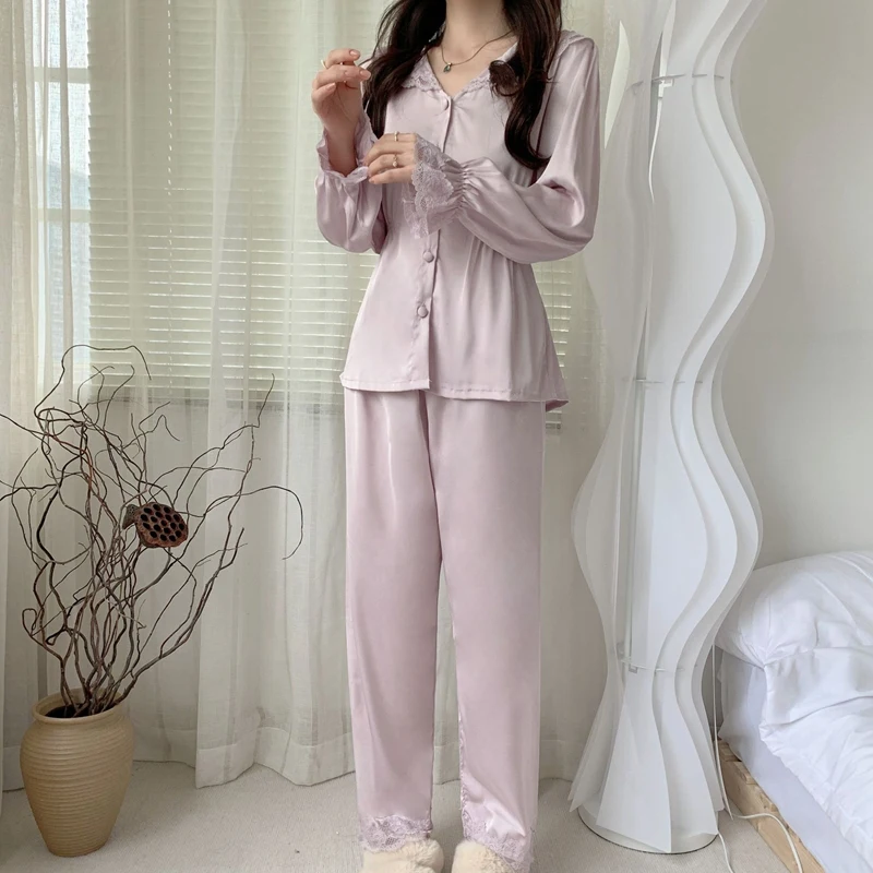 Lace Button Shirt with Trousers Korean Pajama Set Silk Long Pants Nightwear Pyjama Sleepwear Vintage Pijama Women Satin Pajamas