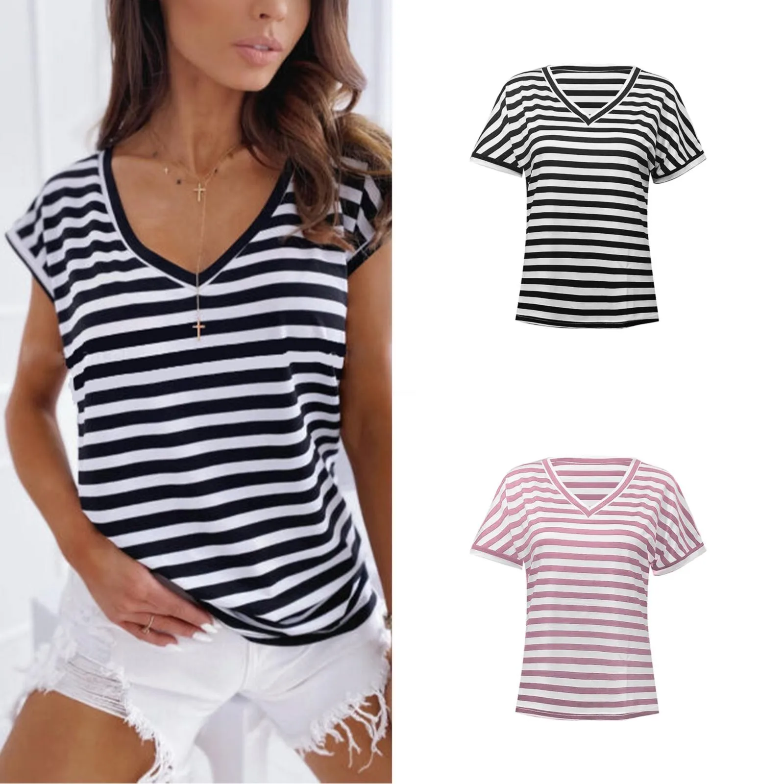 

Long Sleeve for Women Tops Women's Top Striped V Neck Summer Short Sleeve T T Shirts Women Womens Long Sleeve Workout Tees