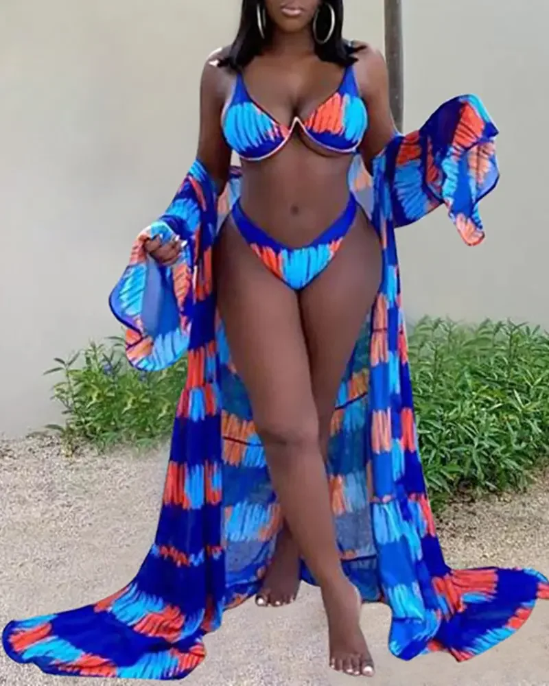 

Tie Dye Print Thick Strap Bikini Set Cover Up Swimsuit for Women Push Up Long Sleeve Three Pieces Swimwear Beach Bathing Suits