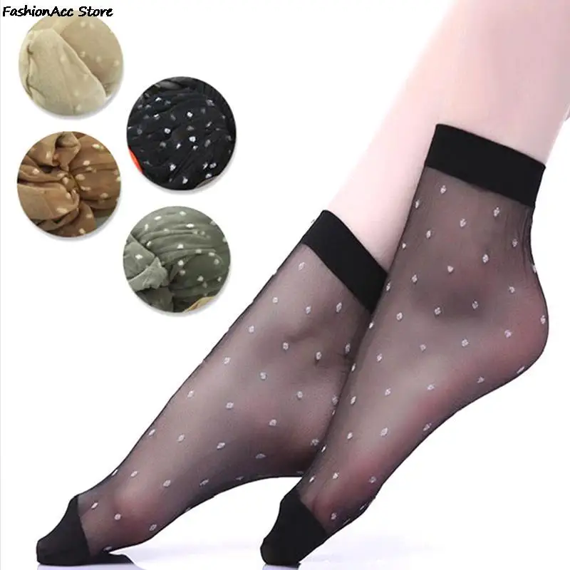 

Тонкие прозрачные женские шелковые носки 10 цветов в горошек, нейлоновые Модные женские летние короткие шелковые носки до щиколотки