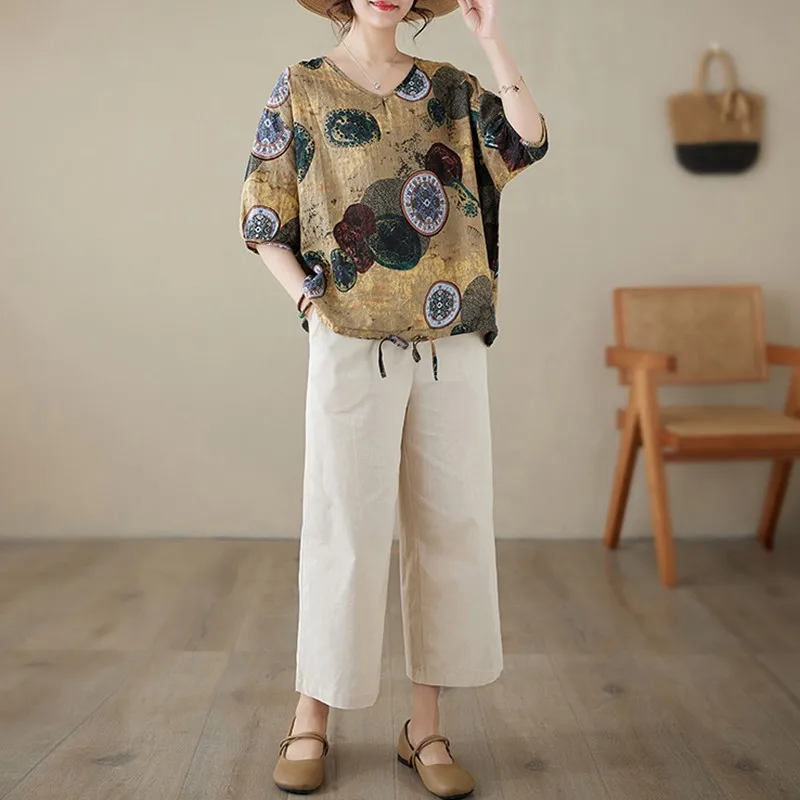 Женский брючный костюм из 2 предметов Повседневная футболка и брюки до щиколотки