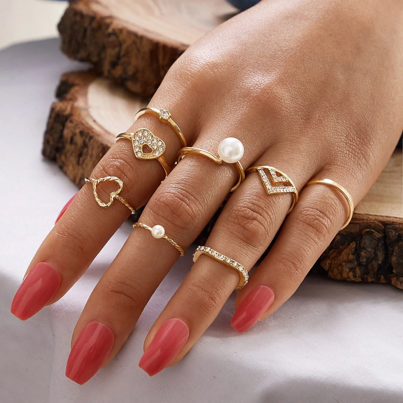 

10 Pairs Heart Butterfly Ring Set Big Circle Exaggerated Geometry Jewelry for Women Imitation Pearl Hoop Cute Finger Accessories