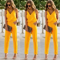 women 2022 summer new arrival fashion solid color tunic v neck romper jumpsuit sexy sling jumpsuit with pockets jumpsuit mujer