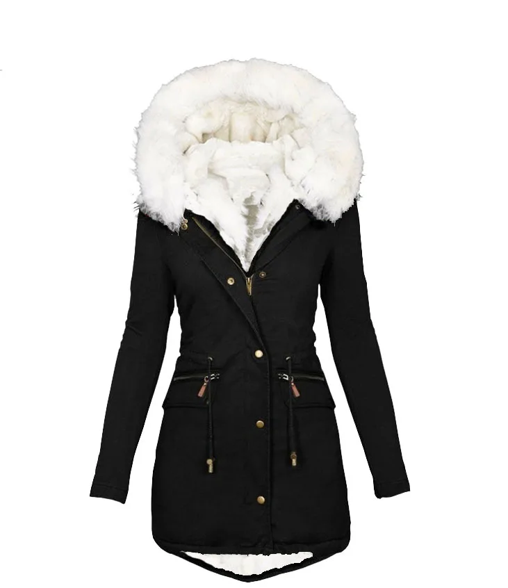 2022 Autumn and Winter Padded Waist Women's Cotton Jacket, Fashion White Fur Collar Coat Hooded Warm Jacket Loose Parkas Women