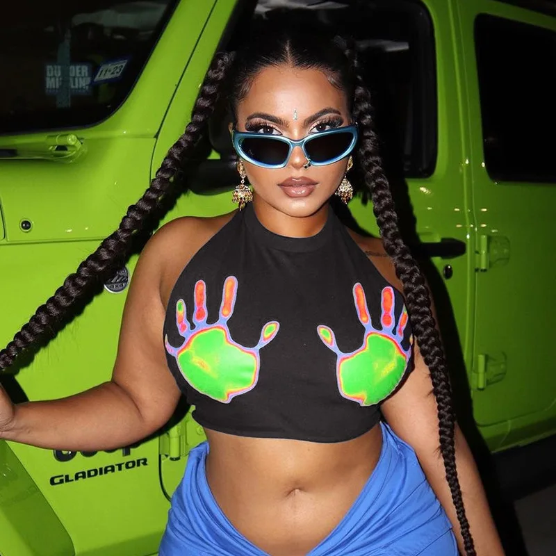 

Женский топ с открытой спиной, летний пикантный облегающий бюстгальтер в европейском и американском стиле с принтом, 2023