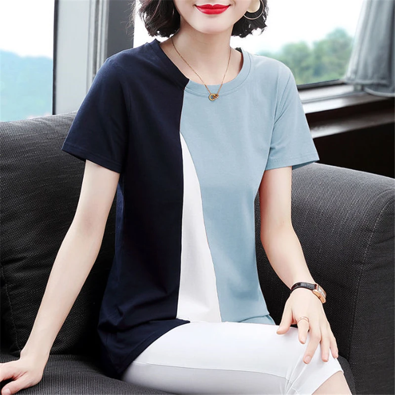 

Women's Clothing 2023 Casual Contrast Color Patchwork Elegant T Shirts Summer Korean Fashion Round Neck Short Sleeve Ladies Tops