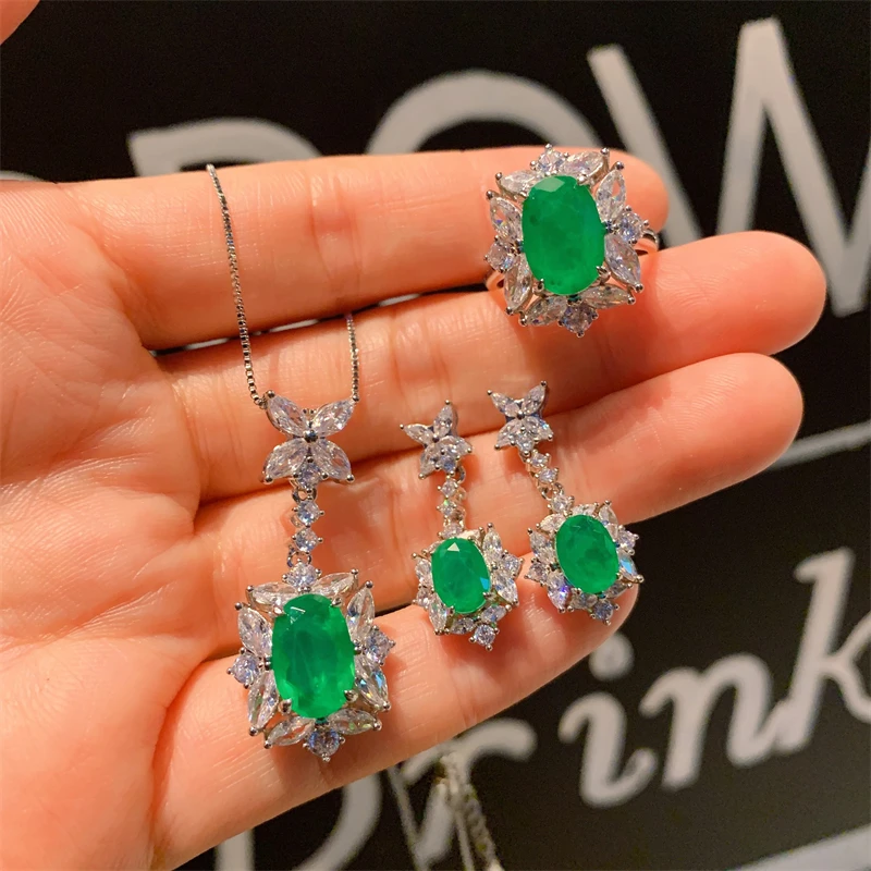 

QXTC Vintage Emerald Jewelry Sets for Women Rings Pendant Necklace Drop Earrings Wedding Cocktail Party Accessories Ladies Gift