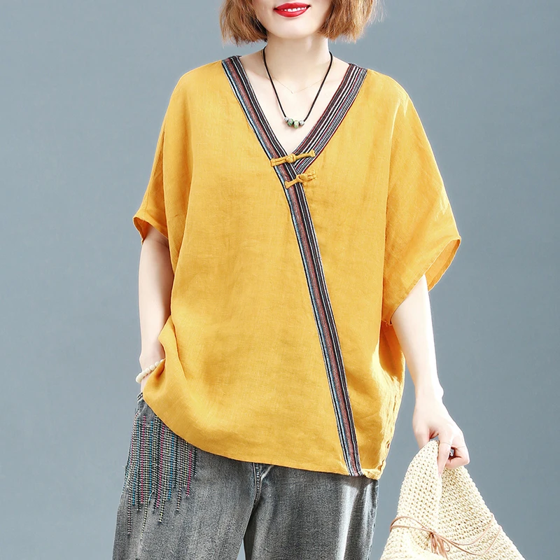 

Oversized Loose Cotton Linen Women T-shirts 2021 Summer Vintage V-neck Short-sleeved Solid Cotton Female Pulls Tops Tees