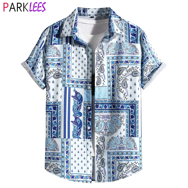 

Stylish Paisley Floral Print Mens Hawaiian Shirt Short Sleeve Button Down Beach Wear Shirt Casual Holiday Vacation Party Camisa