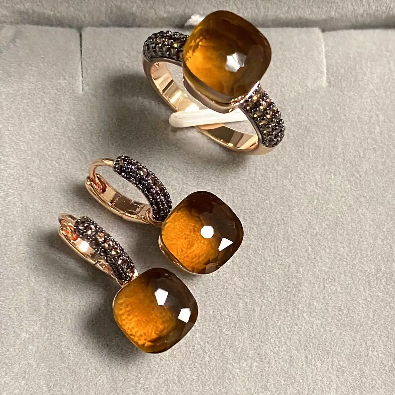 

2Pcs/Set Pomellato Jewelry Set Ring Earrings Jewelry Set Inlay Brown Zircon Black Gun Plated 34Colors Candy Crystal Jewelry Set
