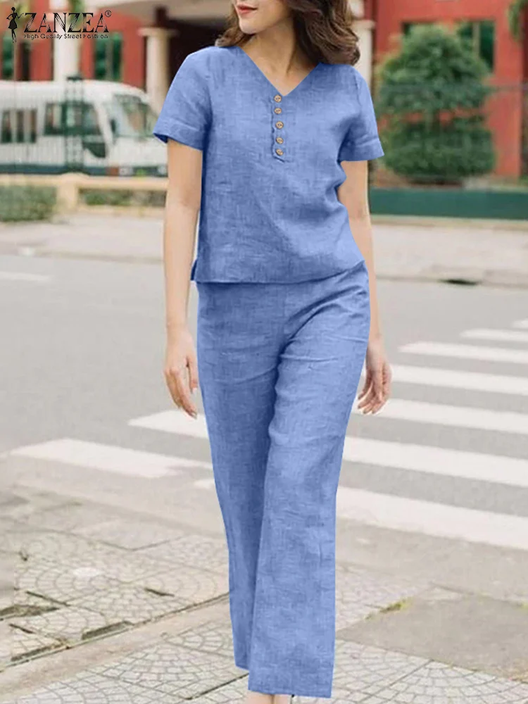 Комплект ZANZEA женский летний из 2 предметов модная блузка с коротким рукавом и