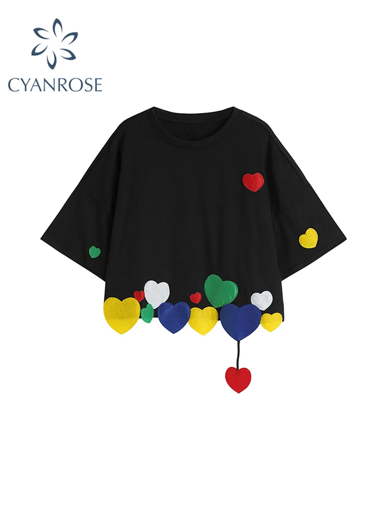 

Женская футболка с коротким рукавом и сердечками, Повседневная Свободная футболка в Корейском стиле, милый топ в стиле Харадзюку, лето 2022