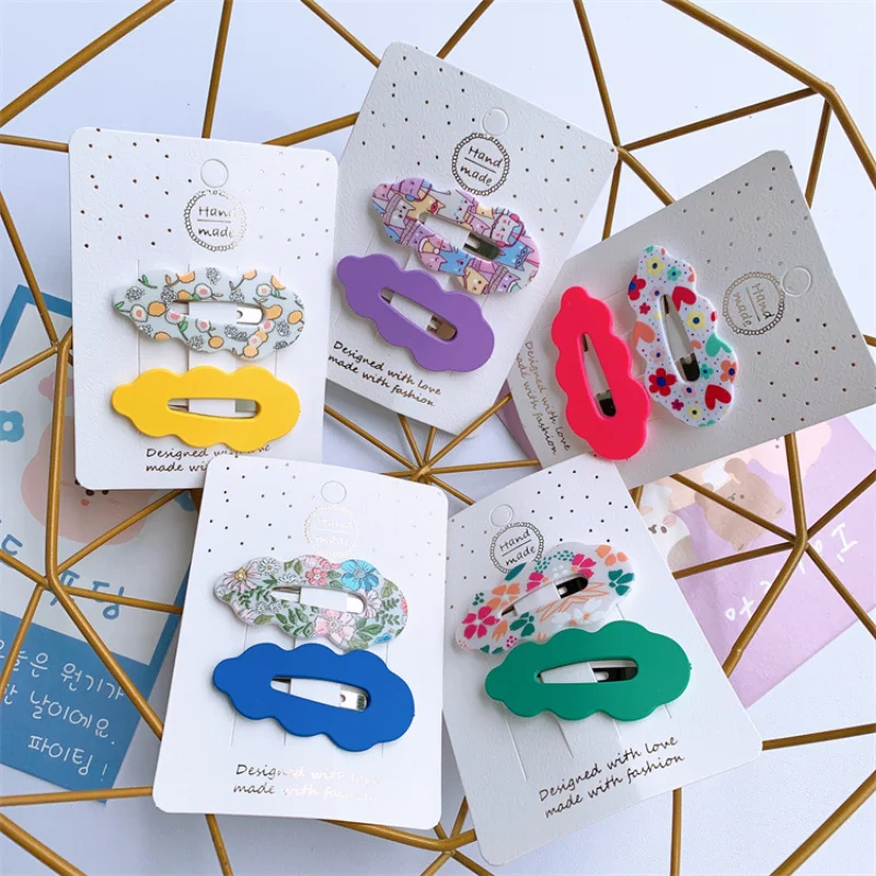 

2 Pcs New Fashion Children's Cute Cartoon Flower Print BB Clip Korea Sweet Girl Princess Colorful Wave Hairpins Hair Accessories