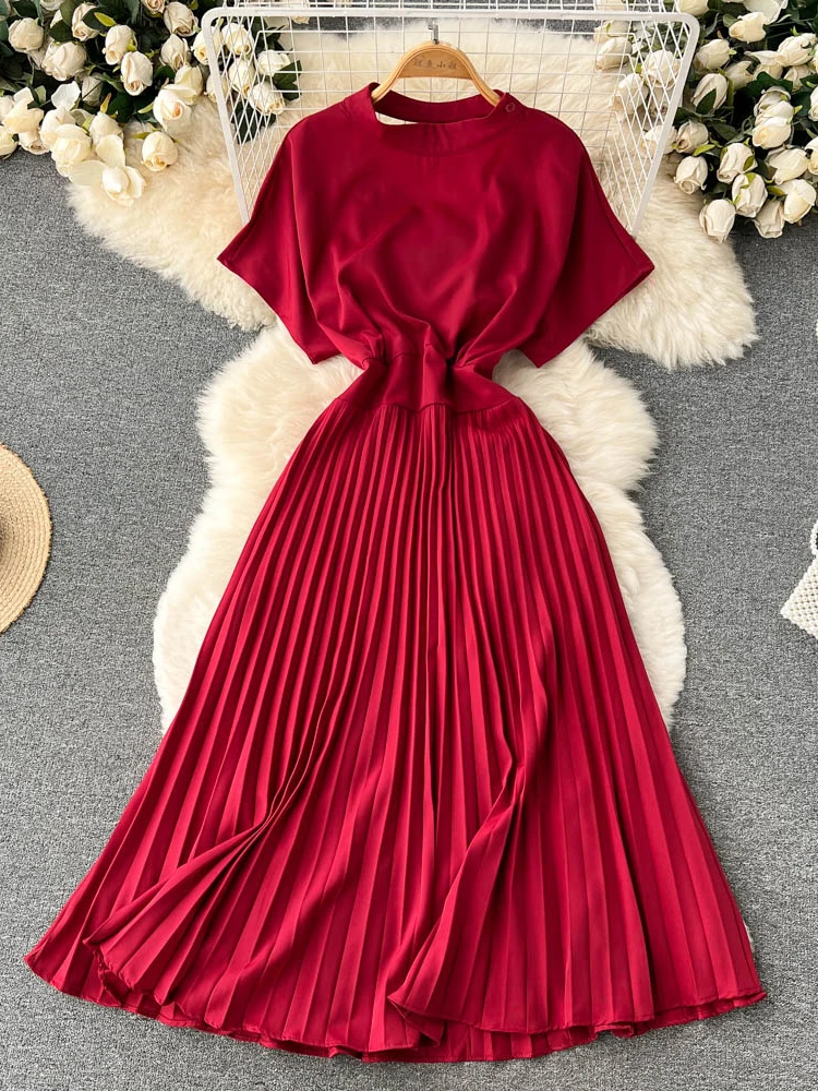 

Summer Women Elegant Pleated Dress Vintage Short Sleeve O-neck Hollow Out Solid A-line Sundress Female French Red Party Dresses