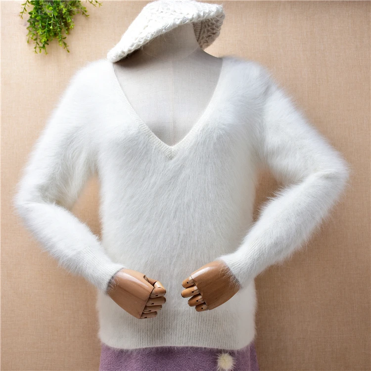 

Женская осенне-зимняя одежда, белые пушистые плюшевые норковые кашемировые вязаные облегающие блузки с V-образным вырезом, пуловер, джемпер...