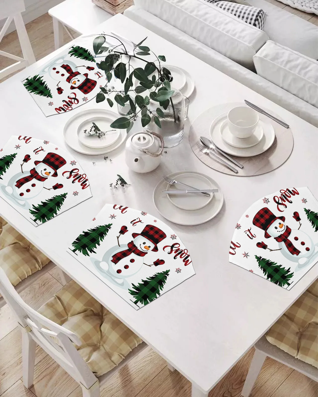 

2/4/6 шт. подставки в форме веера, снежинки, снеговика, рождественской елки, клетчатые коврики для стола, подставки, Рождественский Декор для д...