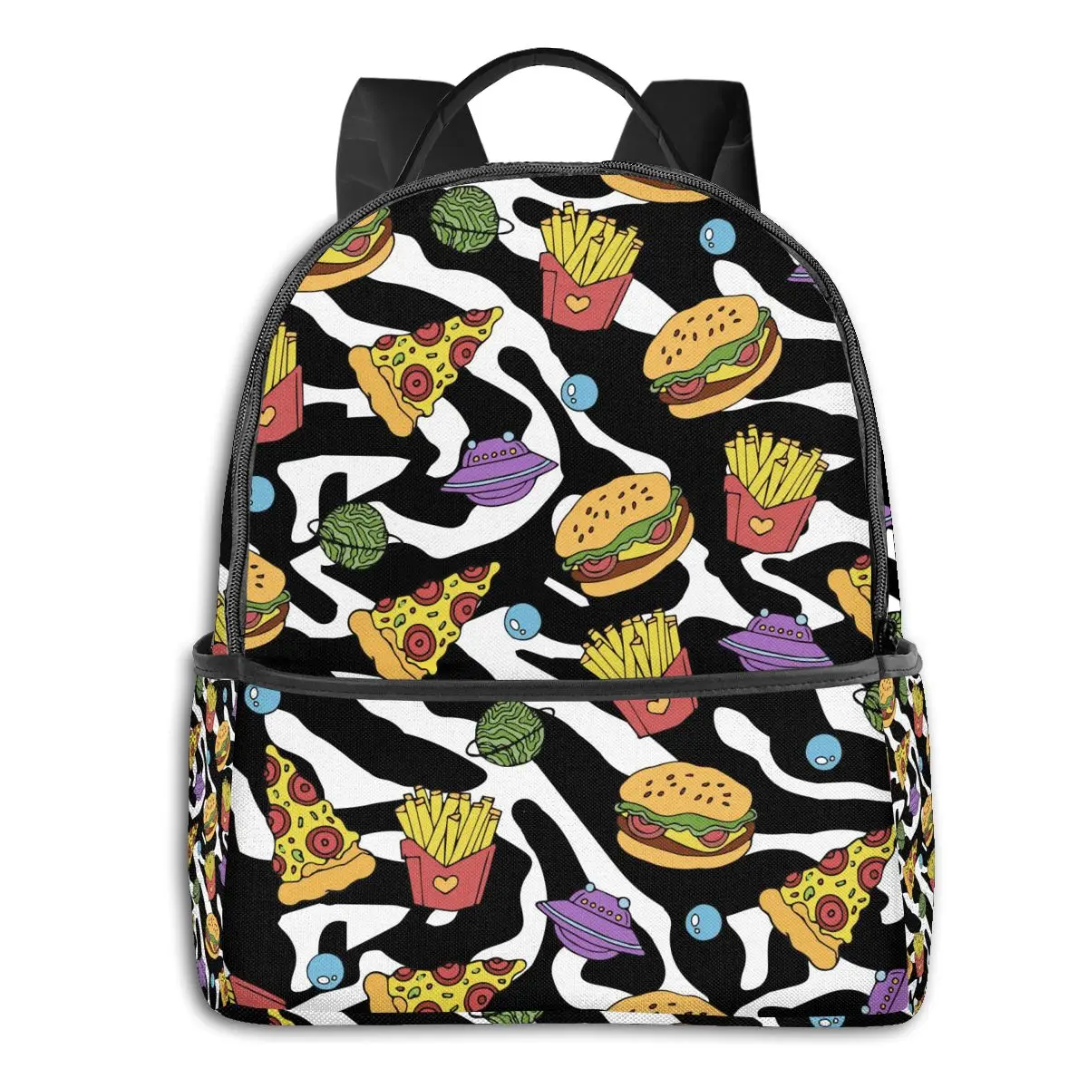 

Students Backpack Pizza Hamburger French Fries On 80s 90s Zebra Print School Bag Softback Campus Style Rucksack Travel Backpack