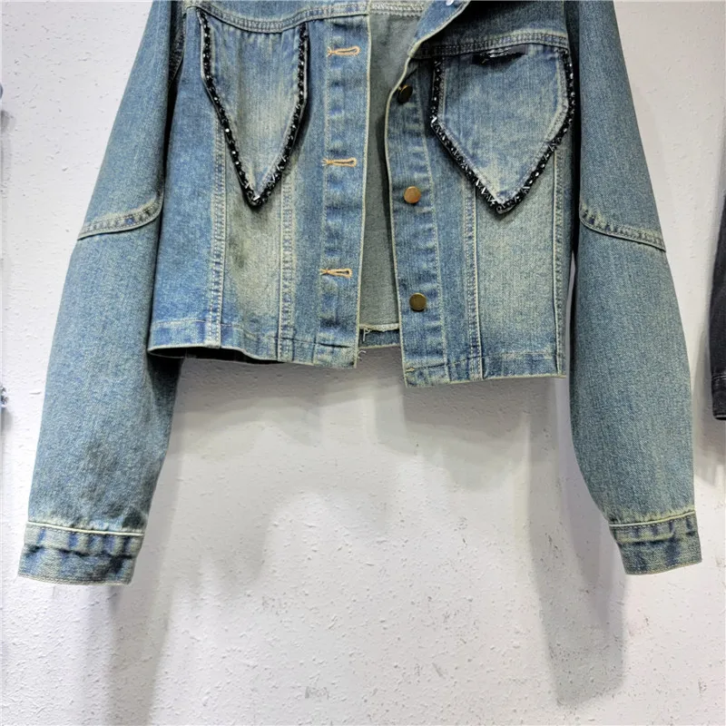 Короткая джинсовая куртка из бисера для тяжелой промышленности женская осень 2023