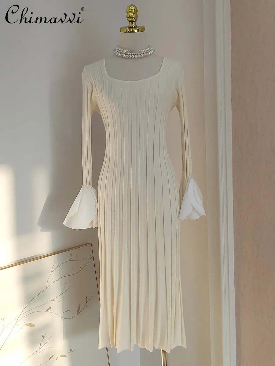 

Женское трикотажное платье-пуловер, французское модное благородное платье с U-образным вырезом и лепестками по краям, вязаное платье с верт...