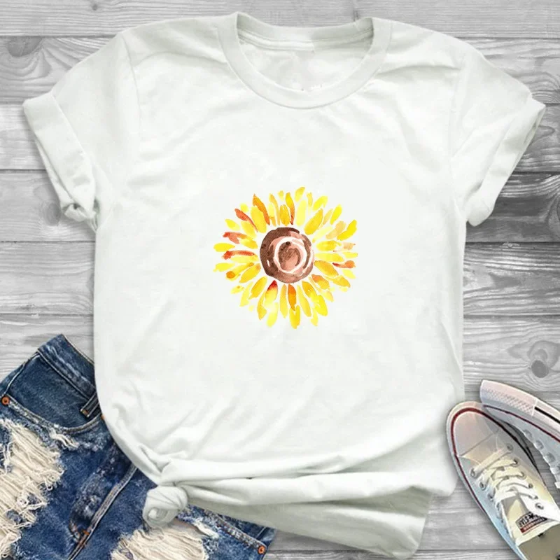 Популярная женская футболка с подсолнухом и короткими рукавами белый базовый