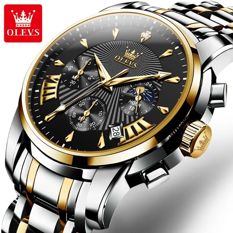 Olevs Orologio Al Quarzo Da Uomo Top Brand Orologi In Acciaio Inossidabile Orologio Sportivo Impermeabile Per Uomo Cronografo Con Fasi Lunari Orologi 
